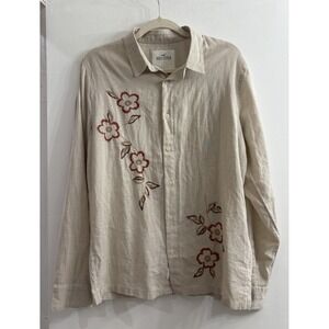 Womens Large Linen Cotton Long Sleeve Floral Embroidered Button Up Shirt Beige